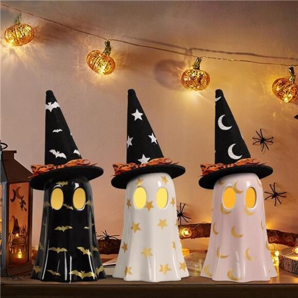 Set of 3 Ceramic Halloween Ghosts - Indoor‎ Decor with Witch Hats for Fall - Picture 1 of 7